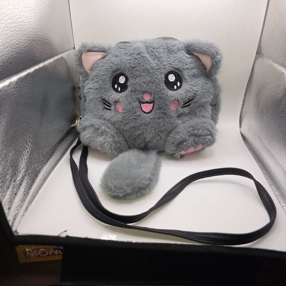 Kawaii Plush Cat Crossbody Bag Purse‎ Gray Furry Kitty Anime Cosplay Cute